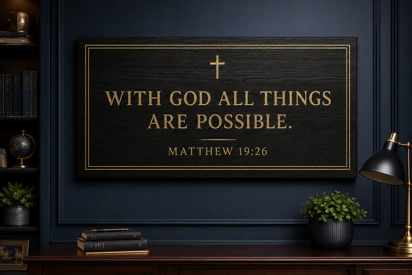 Matthew 19:26 Black & Gold Plaque